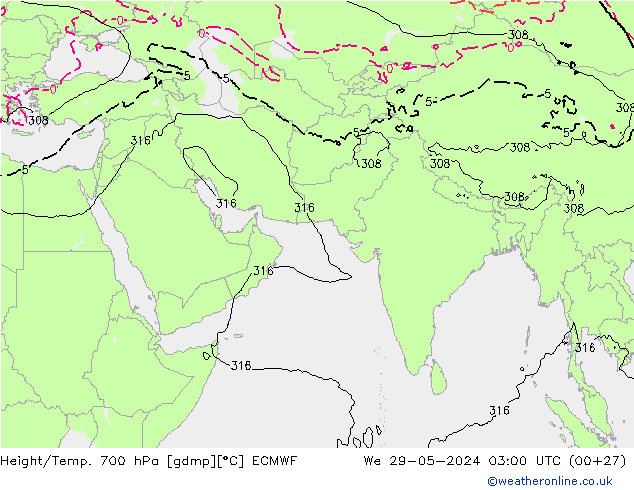 Height/Temp. 700 hPa ECMWF śro. 29.05.2024 03 UTC