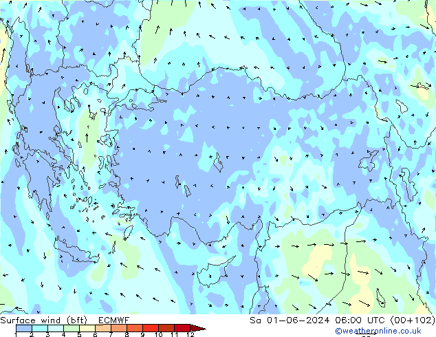 Viento 10 m (bft) ECMWF sáb 01.06.2024 06 UTC