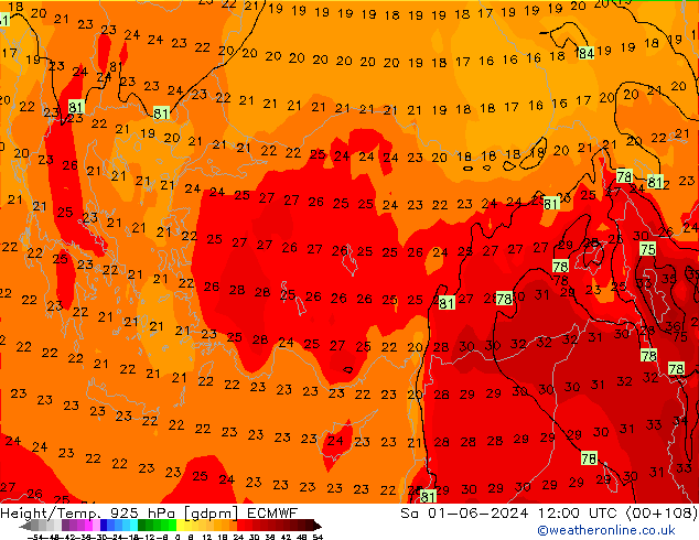 Geop./Temp. 925 hPa ECMWF sáb 01.06.2024 12 UTC