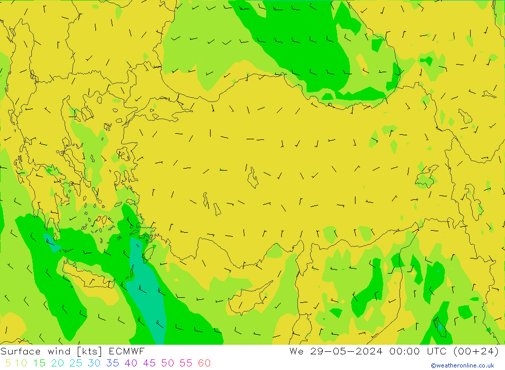 wiatr 10 m ECMWF śro. 29.05.2024 00 UTC