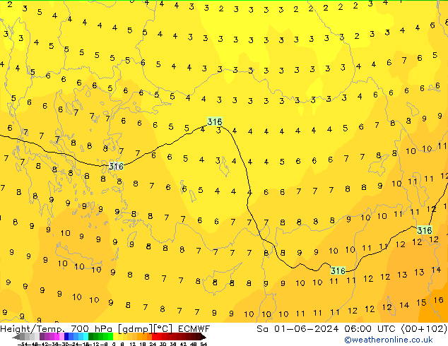 Geop./Temp. 700 hPa ECMWF sáb 01.06.2024 06 UTC