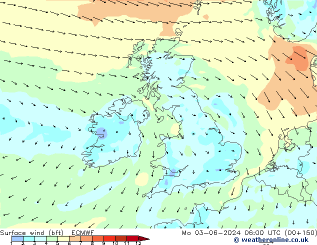 Vento 10 m (bft) ECMWF Seg 03.06.2024 06 UTC