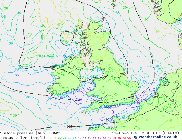 Isotachs (kph) ECMWF Tu 28.05.2024 18 UTC