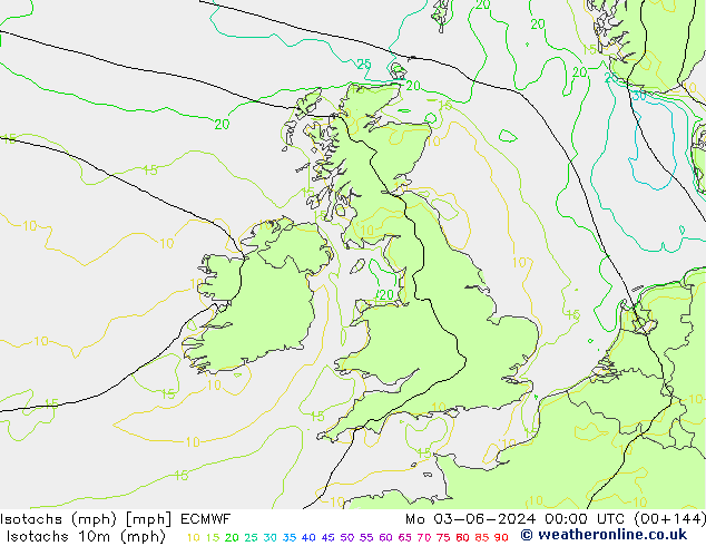 Isotachs (mph) ECMWF пн 03.06.2024 00 UTC