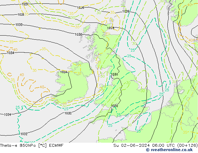 Theta-e 850hPa ECMWF Su 02.06.2024 06 UTC