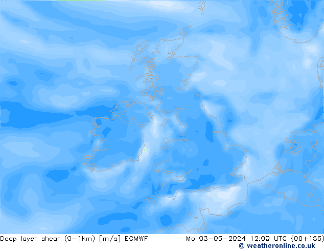 Deep layer shear (0-1km) ECMWF Pzt 03.06.2024 12 UTC