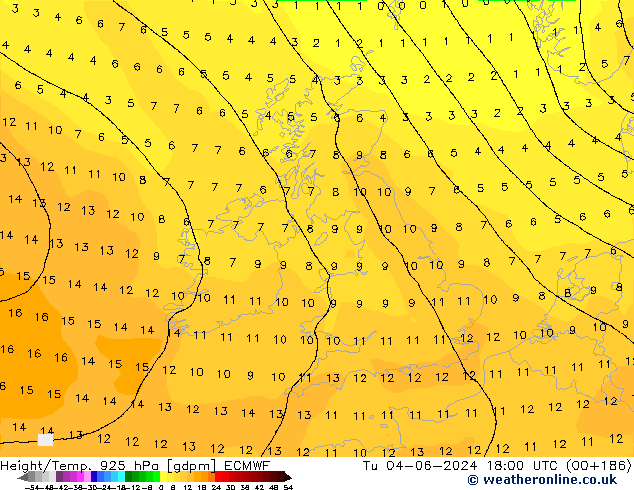 Height/Temp. 925 hPa ECMWF Tu 04.06.2024 18 UTC