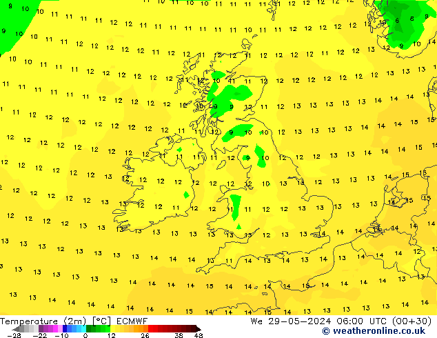 Temperatura (2m) ECMWF mer 29.05.2024 06 UTC