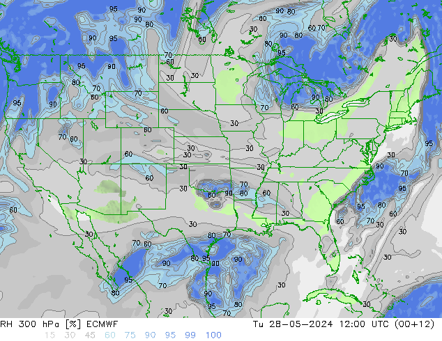 RH 300 гПа ECMWF вт 28.05.2024 12 UTC