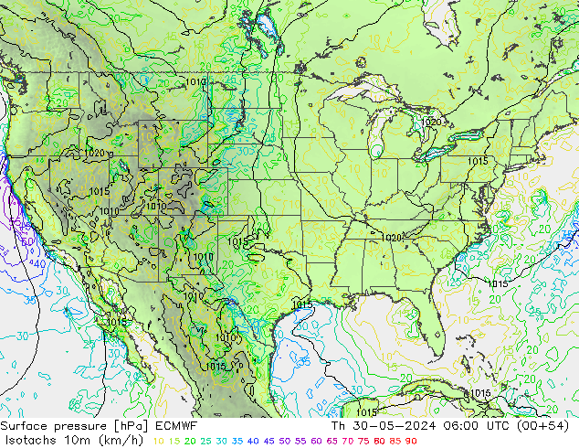 Isotachs (kph) ECMWF  30.05.2024 06 UTC