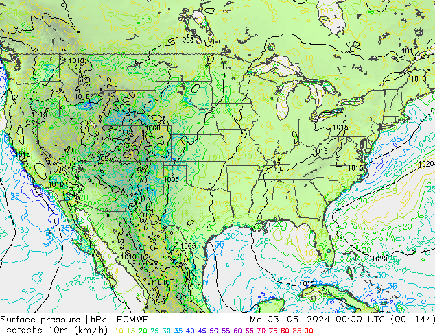 Isotachs (kph) ECMWF пн 03.06.2024 00 UTC