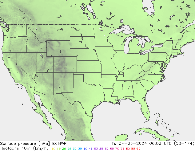 Eşrüzgar Hızları (km/sa) ECMWF Sa 04.06.2024 06 UTC