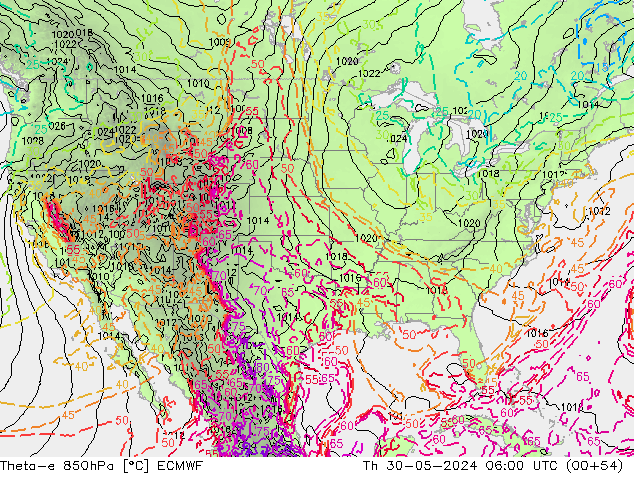 Theta-e 850hPa ECMWF gio 30.05.2024 06 UTC