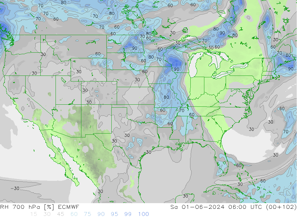 RH 700 hPa ECMWF Sa 01.06.2024 06 UTC