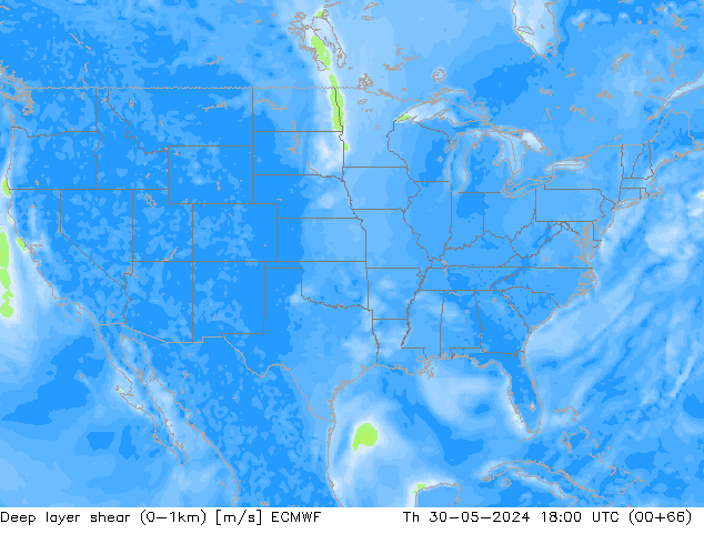 Deep layer shear (0-1km) ECMWF jeu 30.05.2024 18 UTC