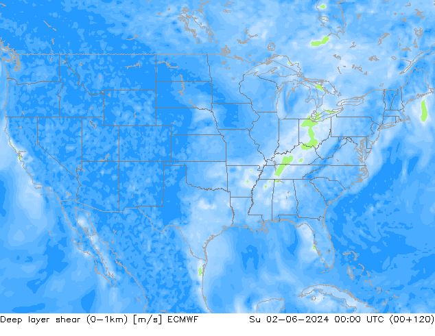 Deep layer shear (0-1km) ECMWF dim 02.06.2024 00 UTC