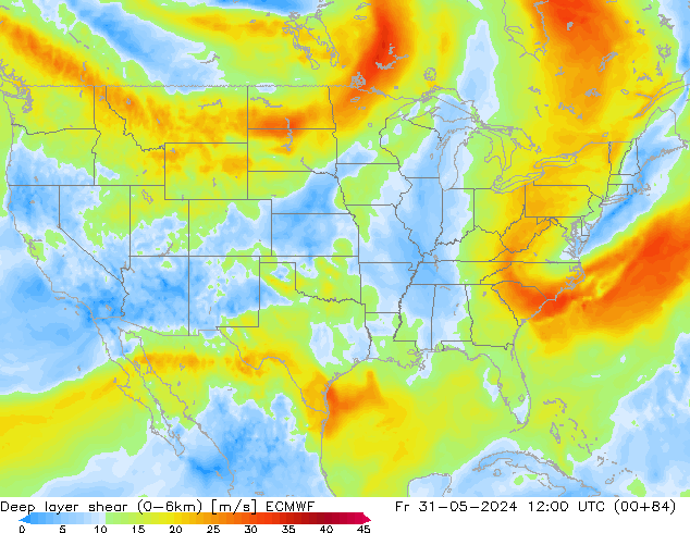 Deep layer shear (0-6km) ECMWF Fr 31.05.2024 12 UTC