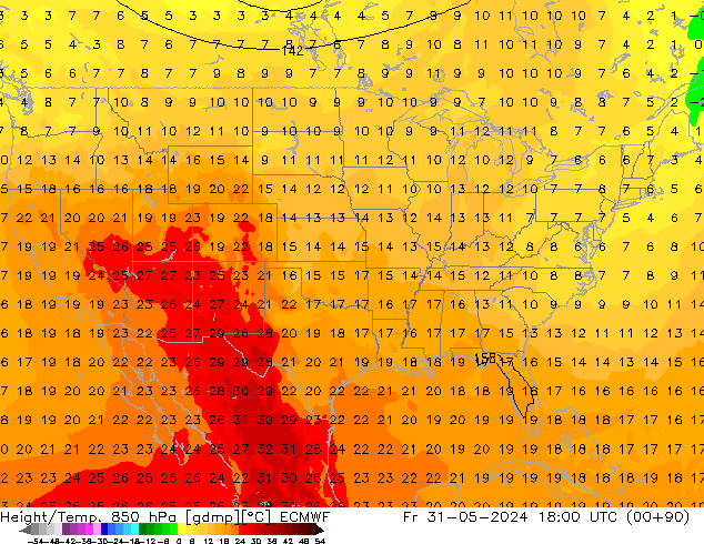 Geop./Temp. 850 hPa ECMWF vie 31.05.2024 18 UTC