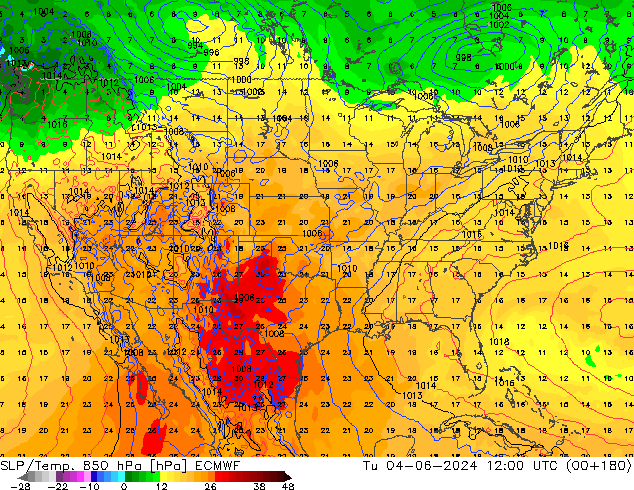 SLP/Temp. 850 гПа ECMWF вт 04.06.2024 12 UTC