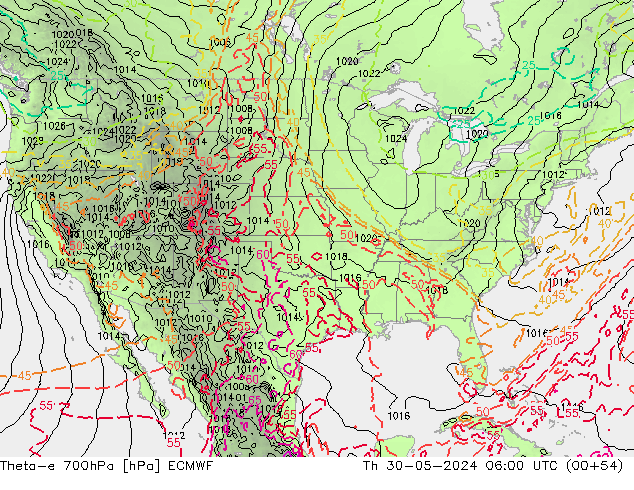 Theta-e 700hPa ECMWF Qui 30.05.2024 06 UTC