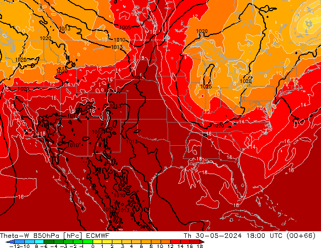 Theta-W 850гПа ECMWF чт 30.05.2024 18 UTC