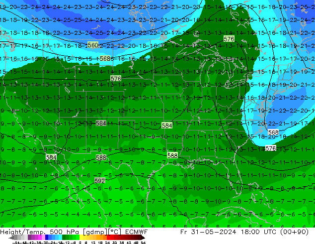 Height/Temp. 500 hPa ECMWF Fr 31.05.2024 18 UTC