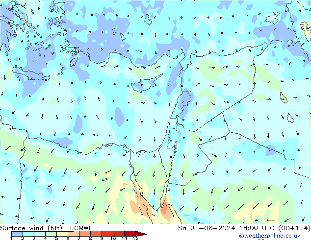 Viento 10 m (bft) ECMWF sáb 01.06.2024 18 UTC