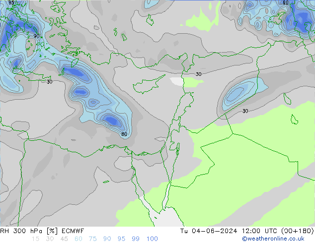 Humidité rel. 300 hPa ECMWF mar 04.06.2024 12 UTC