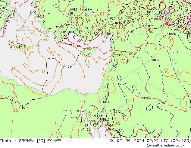 Theta-e 850hPa ECMWF Dom 02.06.2024 00 UTC