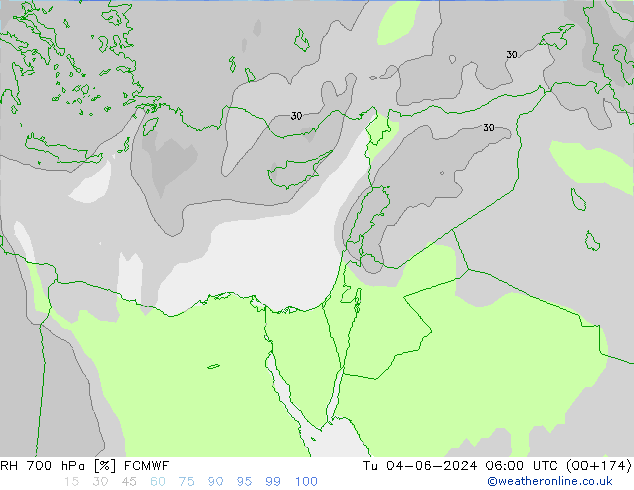 Humidité rel. 700 hPa ECMWF mar 04.06.2024 06 UTC