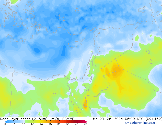 Deep layer shear (0-6km) ECMWF ma 03.06.2024 06 UTC