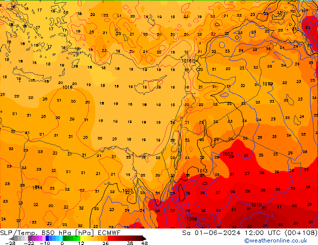 SLP/Temp. 850 hPa ECMWF sáb 01.06.2024 12 UTC