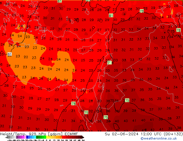 Géop./Temp. 925 hPa ECMWF dim 02.06.2024 12 UTC