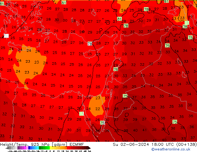 Height/Temp. 925 hPa ECMWF Su 02.06.2024 18 UTC