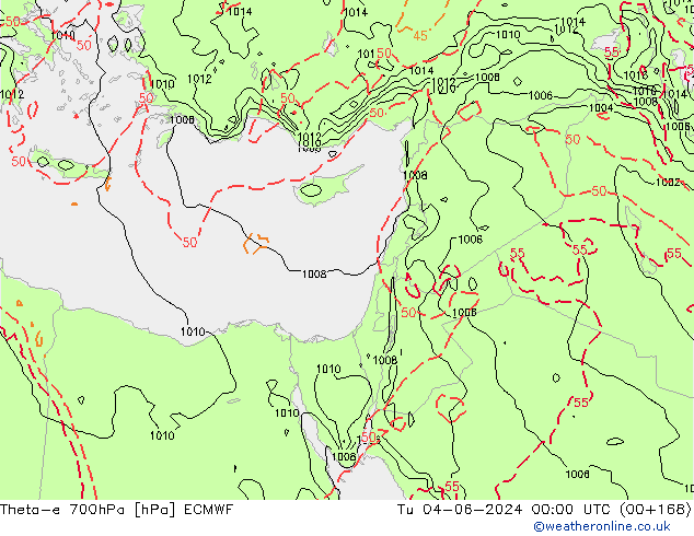 Theta-e 700hPa ECMWF Tu 04.06.2024 00 UTC