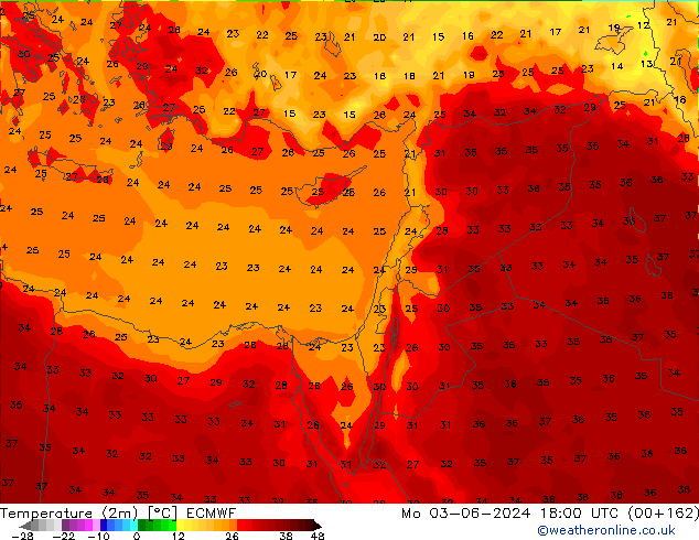 Temperature (2m) ECMWF Mo 03.06.2024 18 UTC