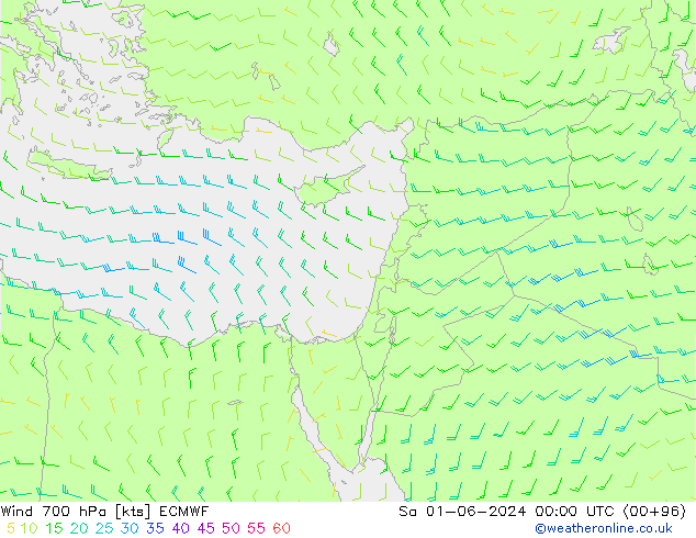 Vento 700 hPa ECMWF sab 01.06.2024 00 UTC