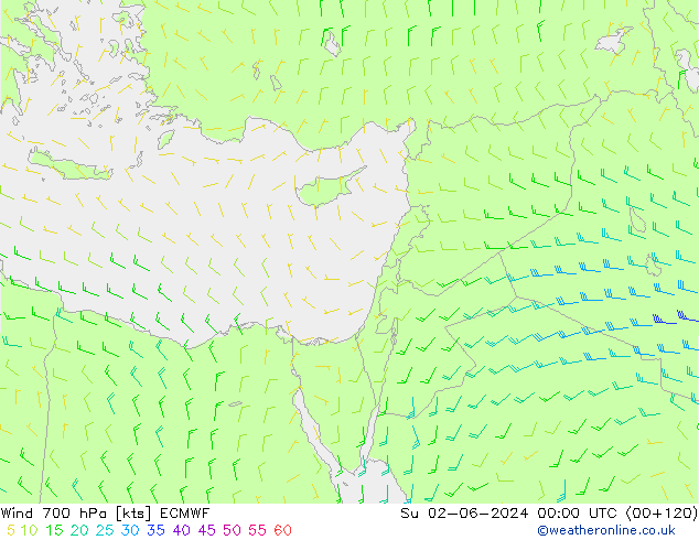 Vento 700 hPa ECMWF Dom 02.06.2024 00 UTC