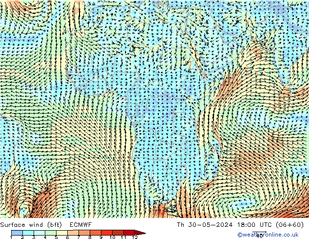 Wind 10 m (bft) ECMWF do 30.05.2024 18 UTC