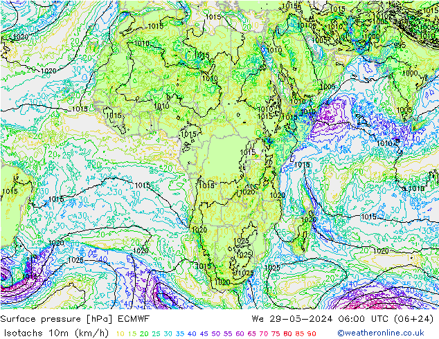 Isotachs (kph) ECMWF We 29.05.2024 06 UTC