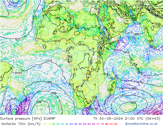 Isotachs (kph) ECMWF Qui 30.05.2024 21 UTC