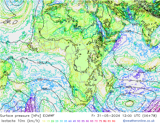 Isotachs (kph) ECMWF Fr 31.05.2024 12 UTC