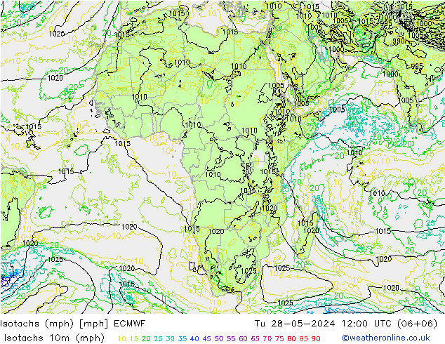 Isotachs (mph) ECMWF Út 28.05.2024 12 UTC