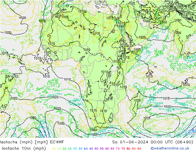 Isotachen (mph) ECMWF Sa 01.06.2024 00 UTC