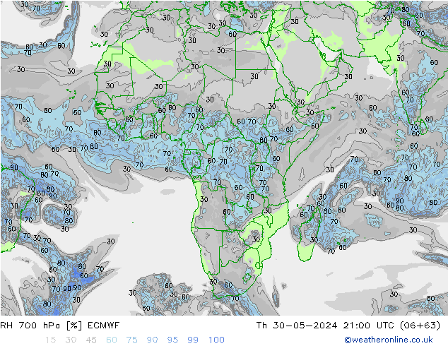 RH 700 hPa ECMWF Qui 30.05.2024 21 UTC