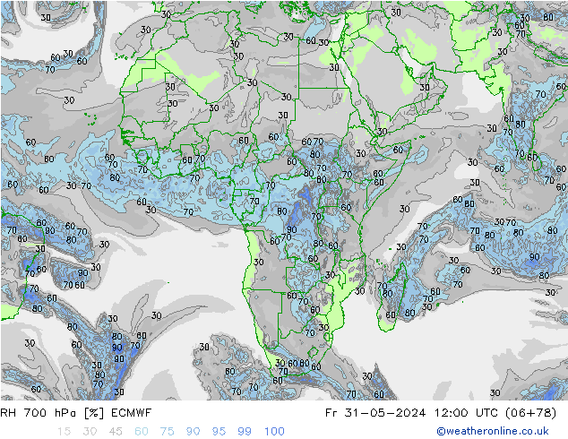 RH 700 hPa ECMWF Pá 31.05.2024 12 UTC