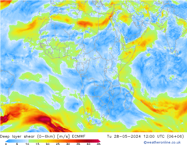 Deep layer shear (0-6km) ECMWF Út 28.05.2024 12 UTC