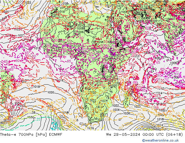 Theta-e 700hPa ECMWF We 29.05.2024 00 UTC