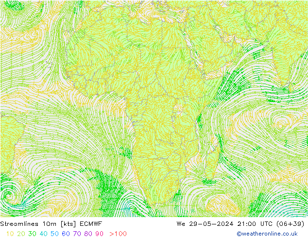 Línea de corriente 10m ECMWF mié 29.05.2024 21 UTC