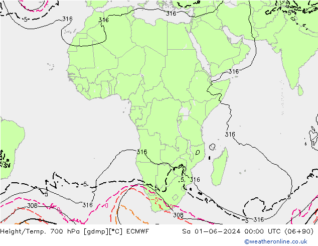 Height/Temp. 700 hPa ECMWF Sa 01.06.2024 00 UTC